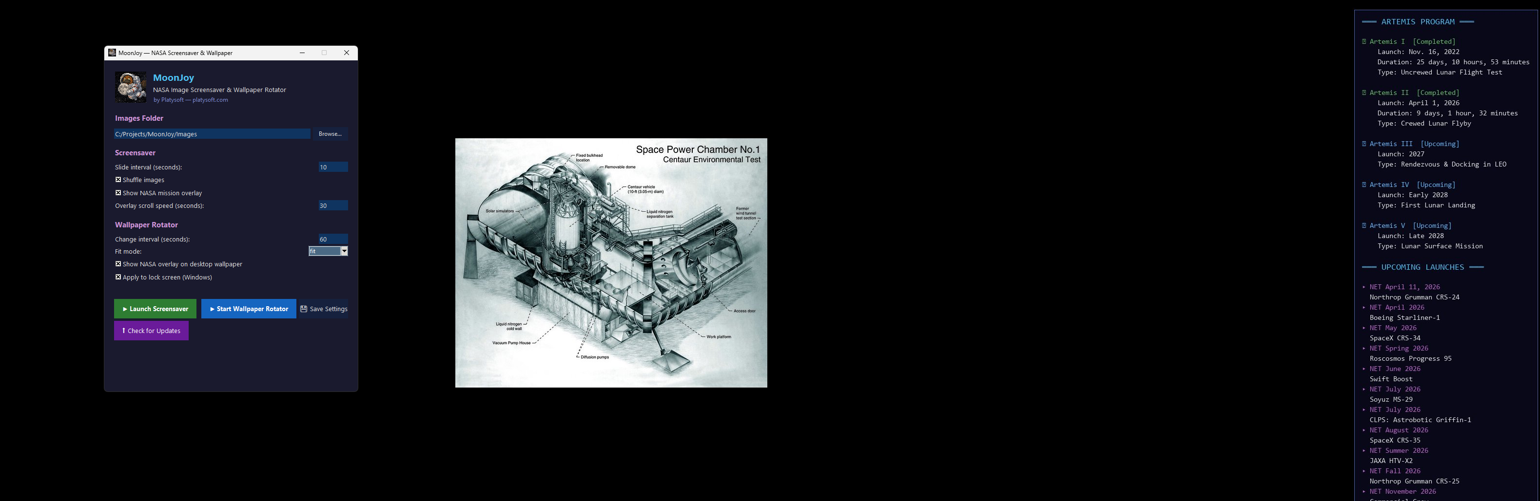 MoonJoy — GUI, screensaver, and mission overlay in action
