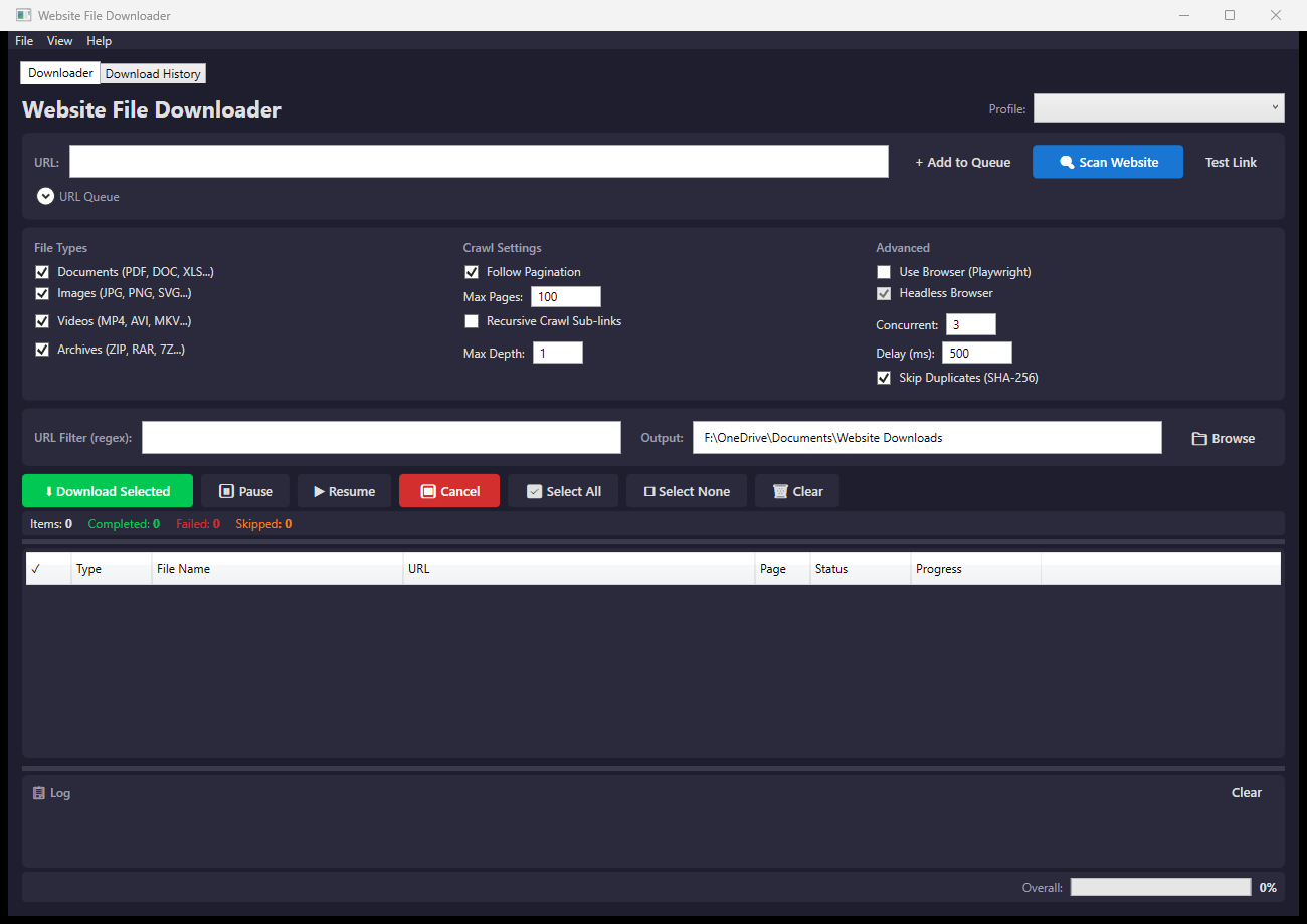 Website File Downloader main window — dark theme